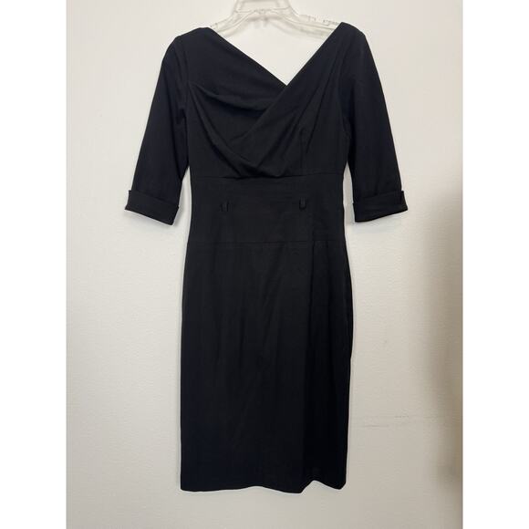 Black Halo 3/4 Sleeve Jackie in Black Stretch Gabardine Belted Sheath Dress 4 - Picture 1 of 15